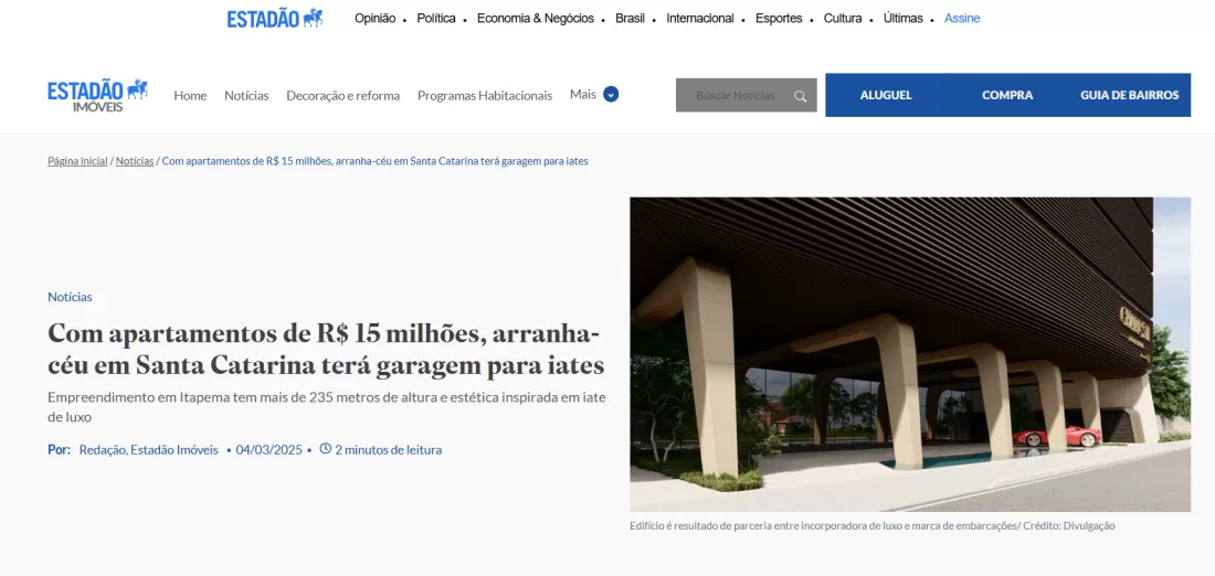 ESTADÃO IMÓVEIS: Com apartamentos de R$ 15 milhões, arranha-céu em Santa Catarina terá garagem náutica