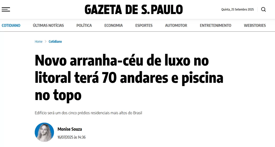 GAZETA SP: Novo arranha-céu de luxo no litoral terá 70 andares e piscina no topo 