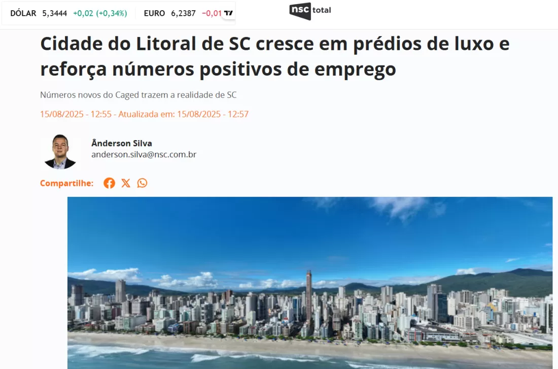 NSC: Cidade do Litoral de SC cresce em prédios de luxo e reforça números positivos de emprego