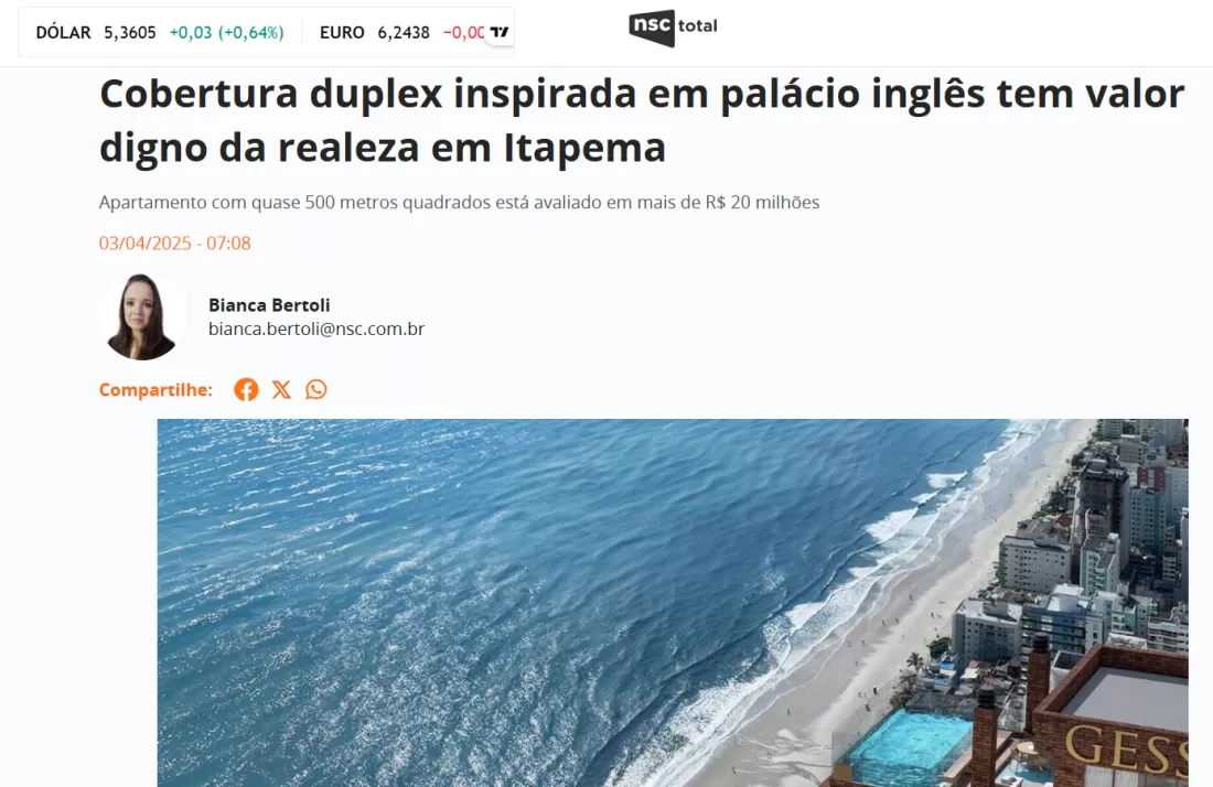 NSC TOTAL: Cobertura duplex inspirada em palácio inglês tem valor digno da realeza em Itapema