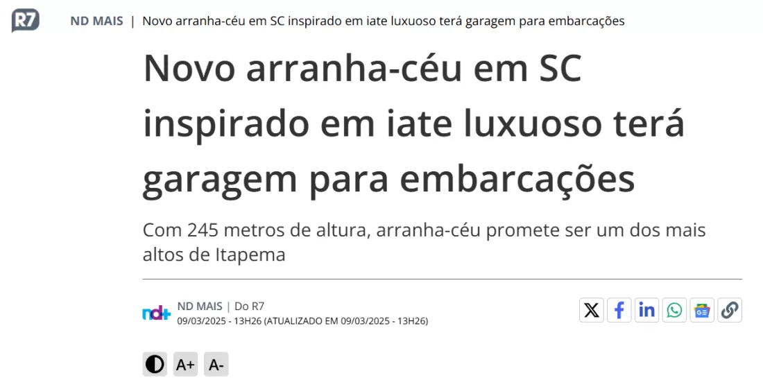 R7 NOTÍCIAS: Novo arranha-céu em SC inspirado em iate luxuoso terá garagem para embarcações