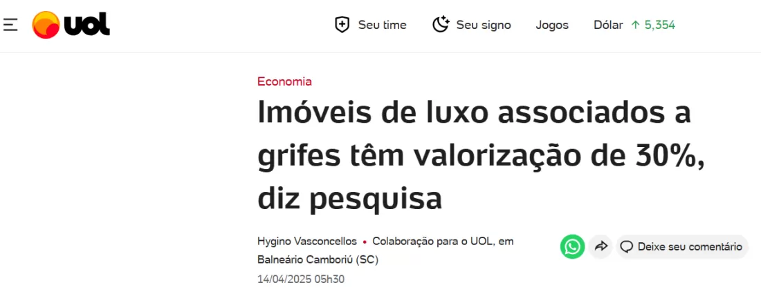 UOL ECONOMIA: Imóveis de luxo associados a grifes têm valorização de 30%, diz pesquisa
