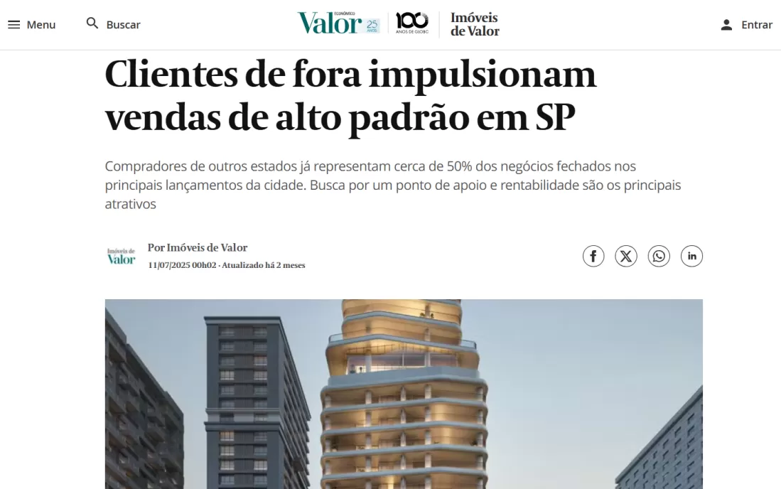 VALOR ECONÔMICO: Clientes de fora impulsionam vendas de alto padrão em SP