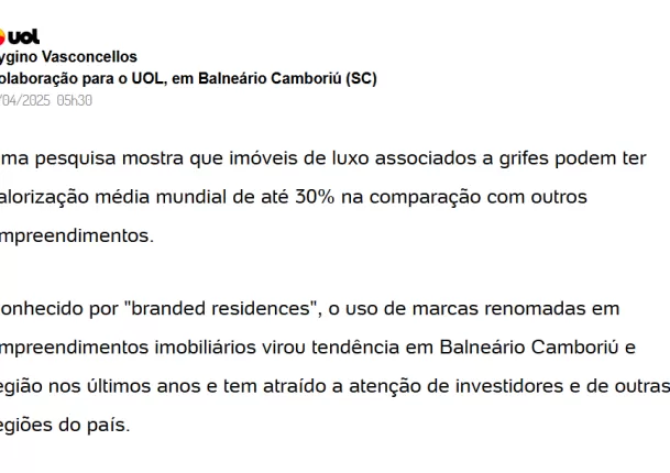 BOL ECONOMIA: Imóveis de luxo associados a grifes têm valorização de 30%, diz pesquisa