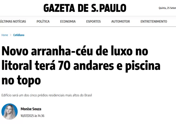 GAZETA SP: Novo arranha-céu de luxo no litoral terá 70 andares e piscina no topo 