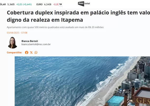 NSC TOTAL: Cobertura duplex inspirada em palácio inglês tem valor digno da realeza em Itapema