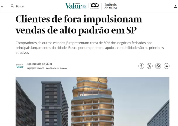 VALOR ECONÔMICO: Clientes de fora impulsionam vendas de alto padrão em SP