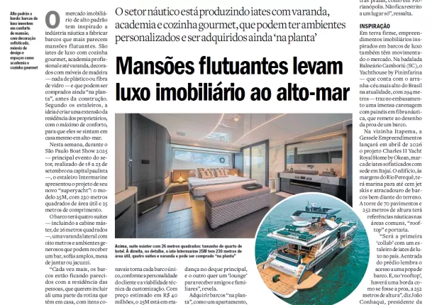 VALOR ECONÔMICO: Mansões flutuantes levam luxo imobiliário ao alto-mar